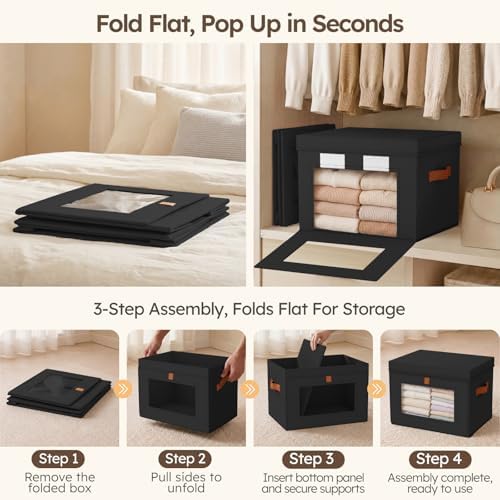 Homsorout Storage Bins with Lids - Front Opening Storage Box with Clear Window & Handles, Stackable Foldable Fabric Bins for Closet Organization, Clothes, Sweaters, Towels, Blankets, 3 Pack, Black - Image 4