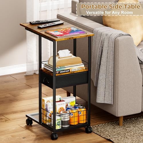 C Shaped Sofa Side Table with Wheels, Rolling Small Coffee Table with Drawer, Portable TV Tray Table for Couch, Bedside Table with Storage, Narrow Nightstand for Bedroom, End Tables Living Room - Image 2