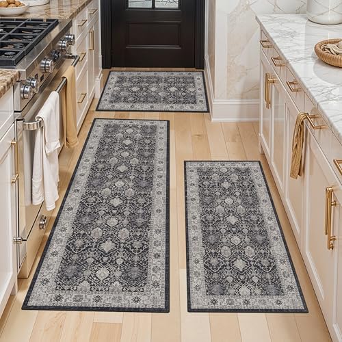 3 Pieces Kitchen Rug Sets: Farmhouse Washable Non-Slip Floor Mat for Sink Stove & Fridge Area Water Resistant Carpet for Laundry Room Entryway Soft Cozy Runners for Kids Pets Family(2x3+2x4+2x5,Black) by HYHAOYUNLAI