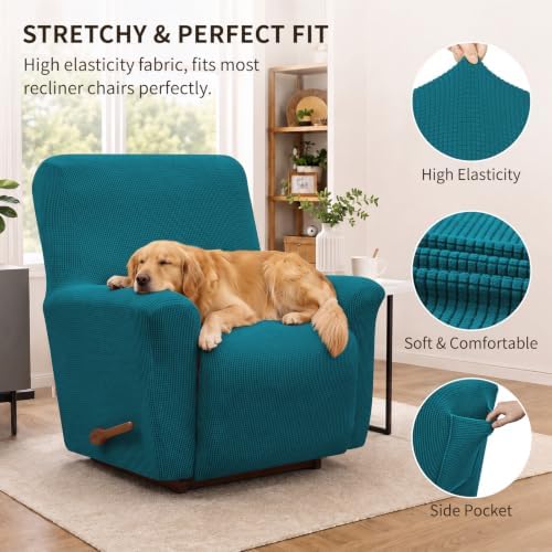 KEKUOU Recliner Chair Covers, 1-Piece Lazy Boy Recliner Covers,Peacock Blue - Image 2
