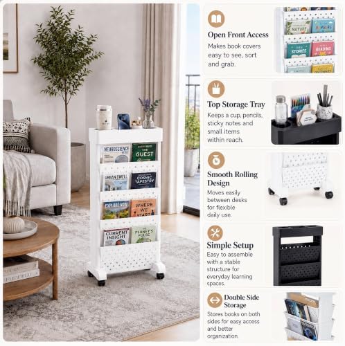 BYFU 5-Tier Movable Bookshelf Cart, 26.0" H, White - Image 5
