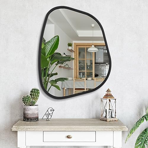 Black Asymmetrical Mirror Large 26"x18" Irregular Oval Wall Mirror Modern Wood Frame Unique Shape Wall Mounted Vanity Artistic Mirror Decorative for Living Room Bedroom Bathroom Entryway Hallway - Image 4