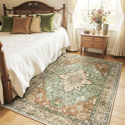 RELEANY Washable Area Rug, 4'x5', Brick/Brown/Green by RELEANY