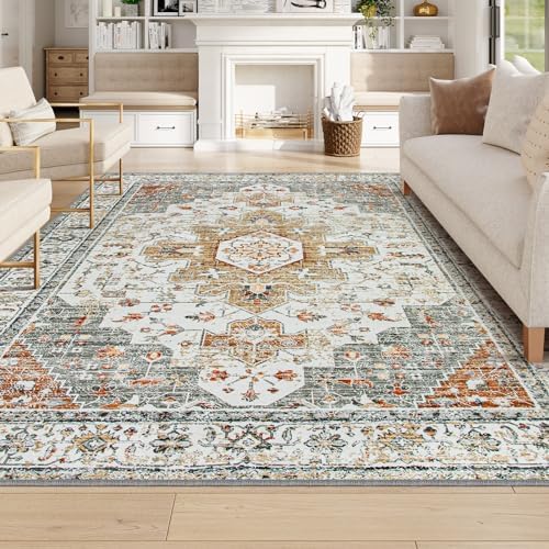 Moynesa Ultra-Thin Washable Area Rug 8x10, Large Living Room Rugs for Bedroom Under Dining Room Table, Vintage Oriental Medallion Printed Low Pile Carpet for Home Office Decor, Beige/Gold by Moynesa