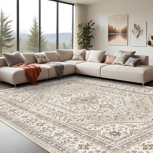 10x14 Washable Area Rug for Living Room - Non-Slip Vintage Rugs Beige Gray by Puino
