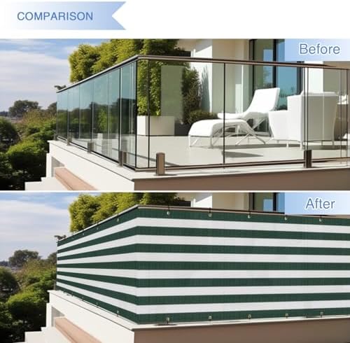 E&K Sunrise 3' x 249' Balcony Privacy Fence Screen Cover with Zip Ties Outdoor Screen Fence UV Protection for Deck Patio Backyard Apartment Pool Porch (Green White Strip) - Image 3