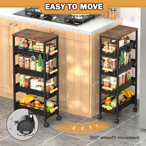 SUNALLY Slim Storage Cart with Wheels, Narrow Kitchen Rolling Cart, Black - Image 4