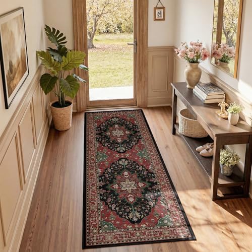 RELEANY Washable Area Rug, Runner 2'x5', Red/Black by RELEANY