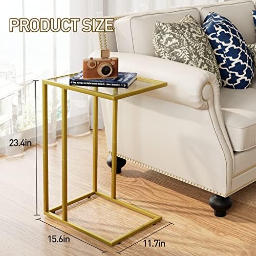 C Shaped End Side Table Set of 2,Couch Sofa Table for Small Space,Tempered Glass Snack Side Table with Metal Frame for Living Room, Bedroom, Bedside, Modern Style, Gold - Image 3