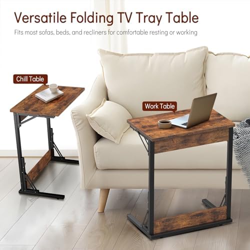Tatub 24" TV Tray Table, Folding C Shaped End Table, Small Sofa Side Laptop Desk for Living Room, Bedroom, Rustic Brown - Image 4