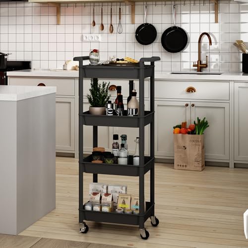 STEEHOOM 4 Tier Rolling Cart with Handle, Utility Cart with Table Top Easy Assembly Bathroom Storage Cart on Wheels for Office, Living Room, Kitchen, Craft Room, Black - Image 4