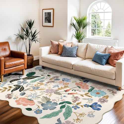 5x7 Living Room Area Rugs: Washable Floral Non-Slip Rug for Bedroom Dining Room Ultra Soft Carpet for Nursery Kitchen Home Office Farmhouse Thin Floor Mat for Teen Girls and Boys Dorms(5x7,Cream) by HYHAOYUNLAI