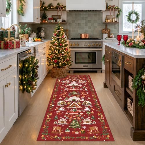Christmas Runner Rug 2x5 for Hallway - Red Non Slip Washable Low Pile Carpet Santa Claus Holiday Decor Water Resistant Throw Rug for Kitchen Entryway Laundry Ultra Soft Bedroom Beside Mat（2x5,Red） by HYHAOYUNLAI