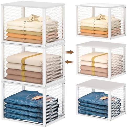3 Pack Stackable Closet Organizers and Storage Basket, Closet Shelves with Wood Top Extra Storage, Multifunctional Clothes Organizer Bins/Cube Storage Drawer for Wardrobe Kitchen Laundry Room, White by DAOUTIME