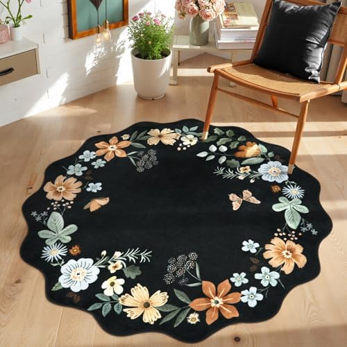 Lahome Floral Round Circle Rugs, Washable Small Round Rug 3ft Non-Slip by Lahome
