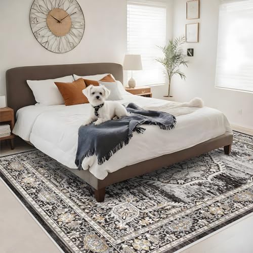 8x10 Rug Washable Area Rugs: Large Soft Living Room Rug - Distressed Stain Resistant Floor Carpet - Machine Washable Foladable Low Pile Area Rugs 8'x10' Black - Image 4