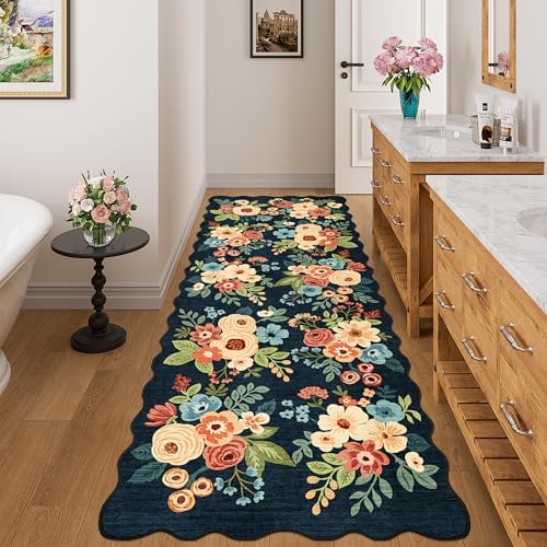 DUKINO 3x8 Kitchen Runner Rug, Floral Washable Rug for Hallway, Navy Blue - Image 3