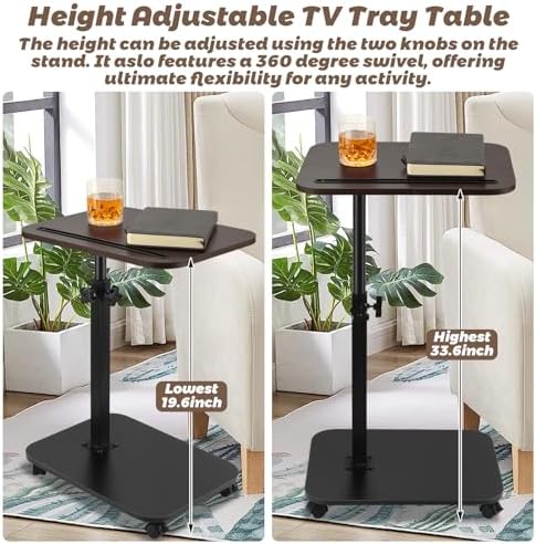 Sofa Armrest Tray Table for Couch, TV Tray Table 360° Flip-Over Panel Design & 360° Swivel Casters Swivel, C Shaped Sofa Side End Table for Couch, Bed, Chair, Living Room(Walnut) - Image 2