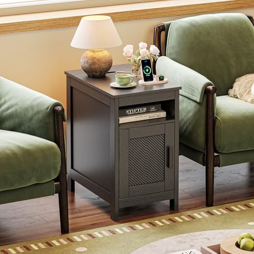 Huuger Narrow Night Stand Set of 2, End Table with Charging Station, USB-C Port, Rattan Side Table with Cabinet and Open Shelf, Synthetic Rattan, for Small Spaces, Bedroom, Black - Image 3