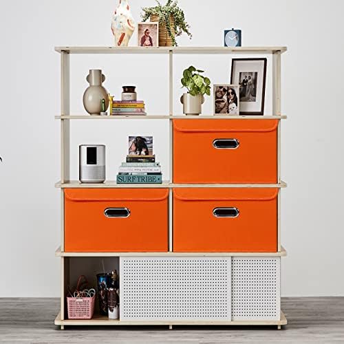 Linen Fabric Foldable Collapsible Storage Cube Bin Organizer Basket Fabric Storage Bins with Lid, Leather Handles, Removable Divider for Home, Closet, Orange - Image 4
