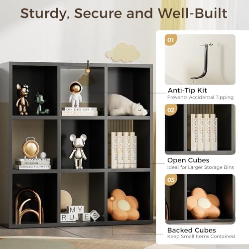 COMHOMA 9 Wood Cube Storage Organizer with Open Back and Removable Back Panels, 11In Black Cube Storage Bookshelf, Cubicle Shelf Bookcase for Home Office Bedroom Living Room, Vertical or Horizontal - Image 5