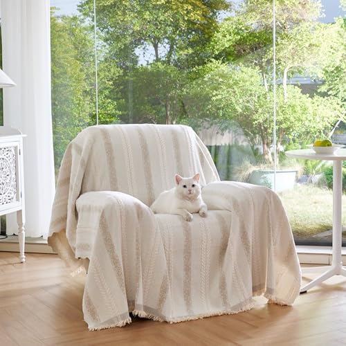 Couch Cover for Dogs Washable Sofa Cover, Sectional Couch Covers, Sofa Covers for 2 Cushion Couch, Non Slip Stripe Sofa Slipcovers Furniture Protector (Beige, 91 * 71) by Unknown