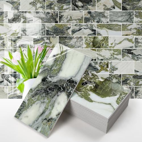 Vamos Tile 100-Piece Glossy Ice Green Peel and Stick Backsplash Tile,3''x6'' PVC Subway Tile with White Grout,Stick on Backsplash for Kitchen/Bathroom/Fireplace by VamosTile