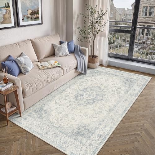 3x4 Blue Washable Area Rug Non Slip Vintage Carpet - Image 2