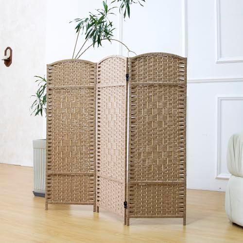 Furnnylane 3 Panel Rattan Divider Short Room Partition Screen,Double Sided Folding Divider for Room Separation,Light Brown,47.2" H x 47.2" W by Furnnylane