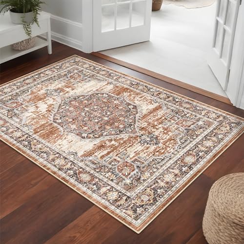 YOUFORTONG Area Rug 3x5 for Living Room: Soft Ultra Thin Low Pile Mat Machine Washable Indoor Doormat Lightweight Entry Rug Anti Slip Backing Rugs for Bedroom Kitchen 3'x5' Brick - Image 3
