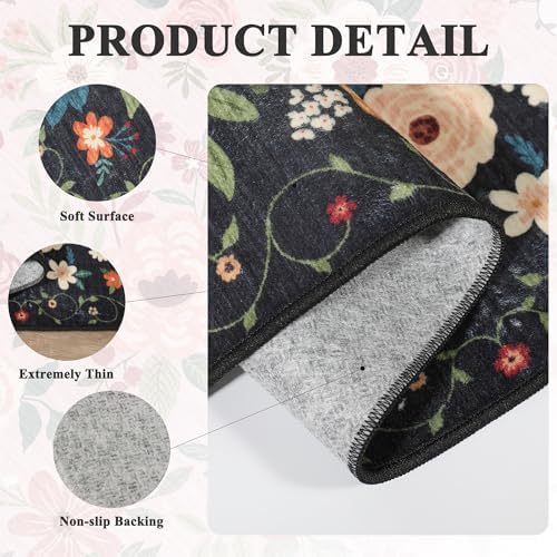 DUKINO 2.6x12 Kitchen Runner Rug, Floral Non Slip Long Washable Rug, Black - Image 4