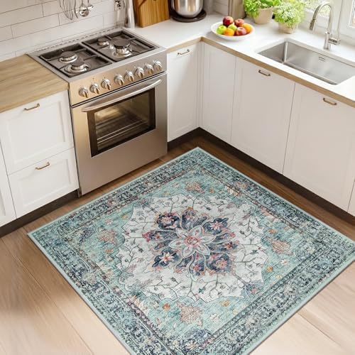 RELEANY Washable Area Rug, Square 4'x4', Teal Green/White/Navy by RELEANY