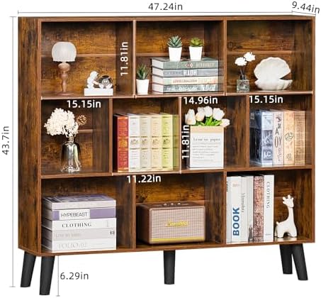 LEYAOYAO 10 Cube Bookshelf, Mid-Century Modern Book Shelf with Legs, Brown - Image 3