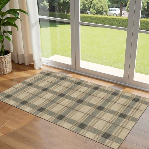Front Door Mat Indoor Entrance - 2x4.3 Taupe Beige Tartan Plaid Rug by Othilic