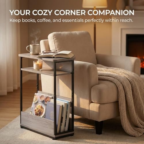 Narrow Side Table,3-Tier Slim End Table with Storage Shelf,Modern Sofa Table Thin Side Table for Narrow and Small Spaces, Skinny Bedside Table Small Nightstand with Magazine Rack Space Saving/Oak - Image 4