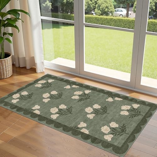 Front Door Mat Indoor Entrance - 2x4.3 Sage Green Boho Floral Rug by Othilic