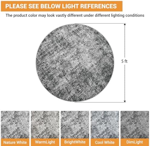 Aelenmu Round Rug 5ft Washable Rug for Dining Room Living Room Black Grey - Image 2