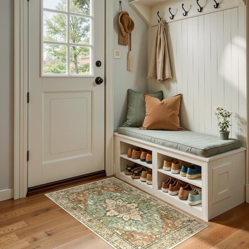 RELEANY Washable Area Rug, Small 2'x4', Brick/Brown/Green by RELEANY