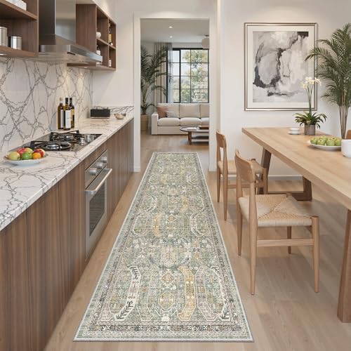 Madane Hallway Runner Rug 2x8 Washable Kitchen Rugs Non-Slip, Green/Gold - Image 3
