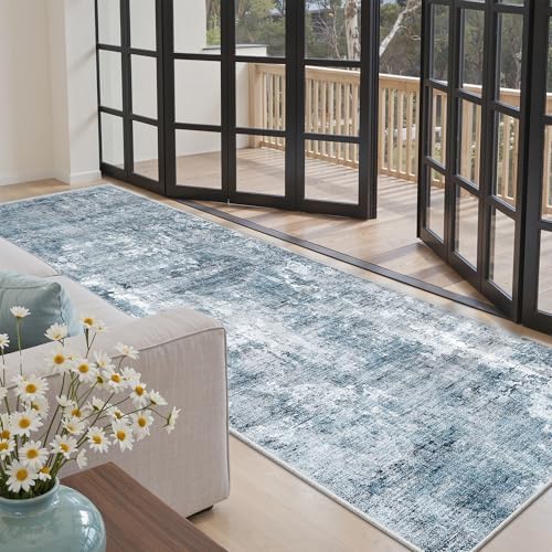 Soalmost Abstract Runner Rug 3x8 Hallway Kitchen Rugs Non-Slip, Blue/Grey - Image 3