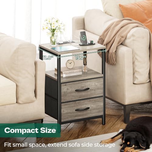 Huuger Nightstand with Charging Station, Side Table with Fabric Drawers - Image 5