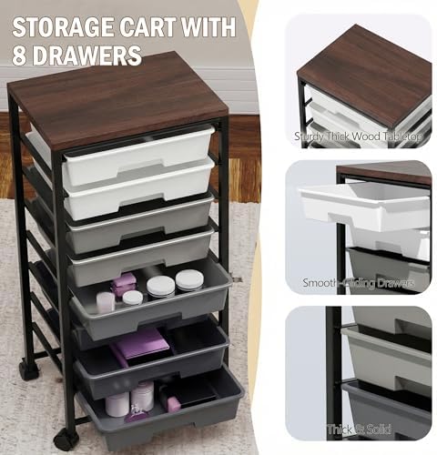 Rolling Cart with 8 Drawers, Storage Drawers Cart with Wooden Tabletop and Lockable Wheels, Craft Storage for Living Room, Office, Classroom, Craft Room, Bedroom (Gray) - Image 3