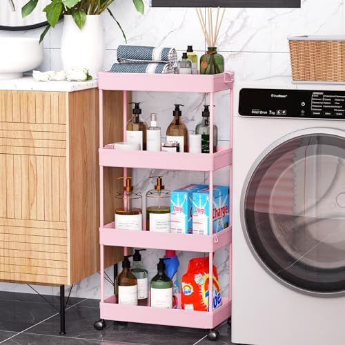 SPACEKEEPER 4 Tier Rolling Cart, Bathroom Cart Organizer with Wheels, Pink - Image 6