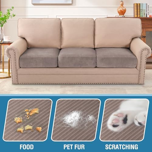 H.VERSAILTEX Velvet Stretch Couch Cushion Cover Plush Cushion Slipcover for Chair Loveseat Sofa Cushion Furniture Protector Seat Cushion Sofa Cover (3 Piece XL Sofa Cushion Covers, Taupe Striped) - Image 3