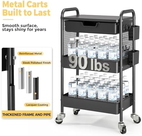 KINGBOARD 3 Tier Metal Rolling Cart with Drawer, Black Utility Storage Cart | 2 Cups & 4 Hooks, Lockable Wheels, Trolley Organizer for Bathroom, Kitchen, Office, Nursery, Dorm, Laundry, Craft Room - Image 2
