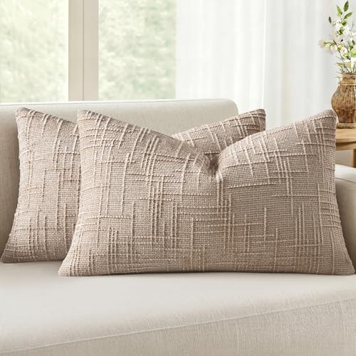MIULEE Chenille Textured Lumbar Throw Pillow Covers Oatmeal 12x20 Set of 2 by MIULEE