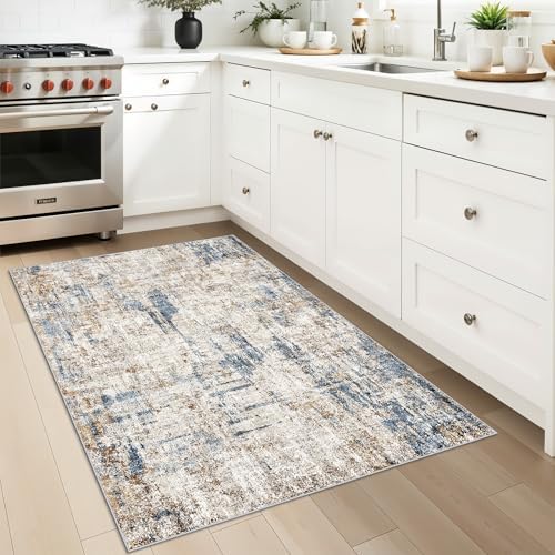 3x4 Rug Washable for Entryway - Non-Slip Modern Small Indoor Area Rug for Bathroom,Living Room，Bedroom - Abstract Neutral Soft Low-Pile Throw Mat with Rubber Backing (Blue Brown) - Image 3