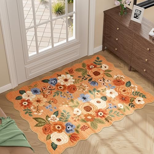 DUKINO 2x3 Rugs for Entryway, Floral Door Mat Washable Kitchen Rugs, Orange - Image 3