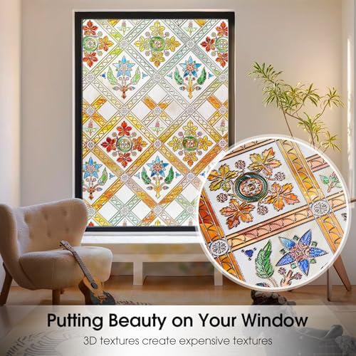 Coavas Stained Glass Window Film Decorative Privacy Cling for Home Bathroom & Front Door, 3D Floral Design, UV Blocking, Heat Control, Non-Adhesive, Reusable, Yellow, 17.5" x 39.4" - Image 4