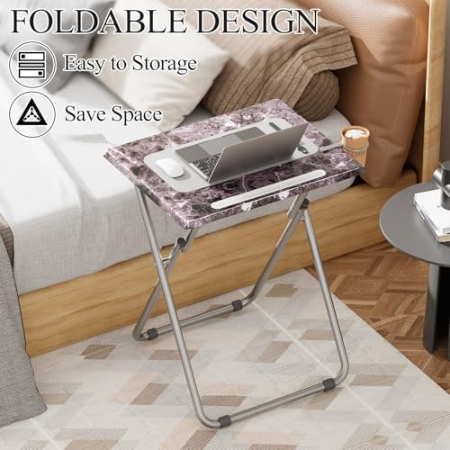 Folding TV Tray Table with Cup Holder, TV Dinner Table with Sturdy MDF Top, Eating Trays with Tablet Slot for Living Room, Bedroom, Sofa (Black Marble, 4Pcs) - Image 5